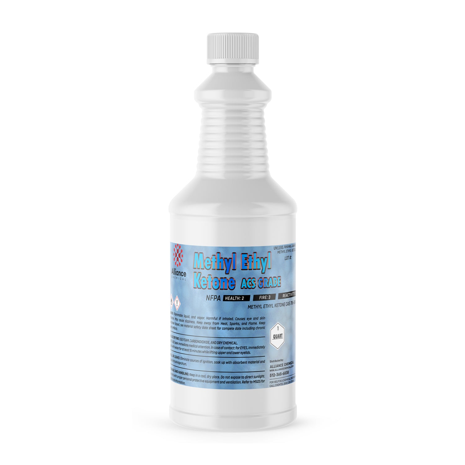 Alliance Chemical methyl ethyl ketone ACS grade in clear 1-quart plastic bottle with white cap